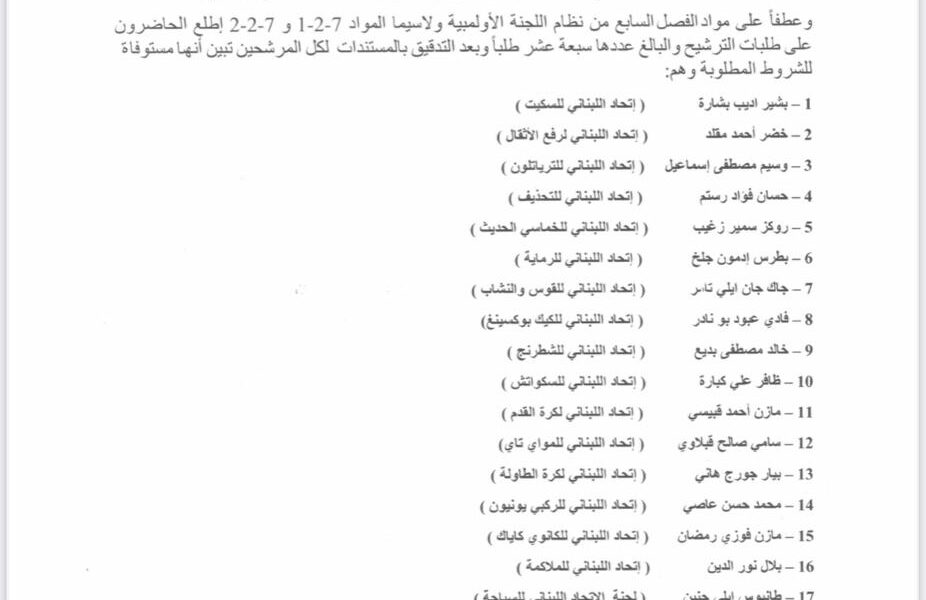 اللجنة الأولمبية تؤكّد على شرعية عمومية إنتخابات يوم ١٦ أيار  ٢٠٢٥ وتذيع قائمة المرشحين ال١٧ المستوفية للشروط المطلوبة وجلخ لسياسة اليد المدودة ويحذّر من التدخل الحكومي
